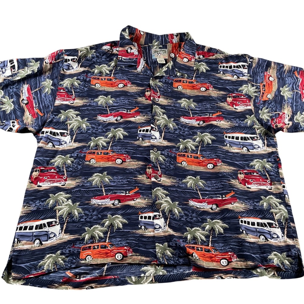Big Dogs Hawaiian Shirt Mens 3X Navy Blue Classic Cars Palm Trees Aloha Beach